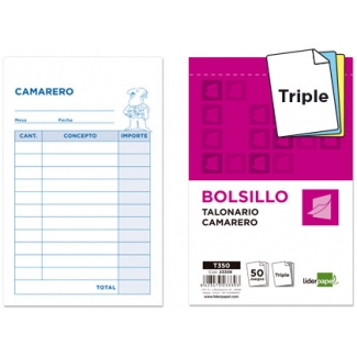 Liderpapel T350 - Talonario camarero, tamaño bolsillo, 50 juegos, original + 2 copias