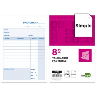 Liderpapel T100 - Talonario facturas, tamaño 8º, 100 hojas, simple