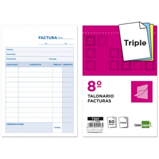 Liderpapel T301 - Talonario facturas, tamaño 8º, 50 juegos, original + 2 copias