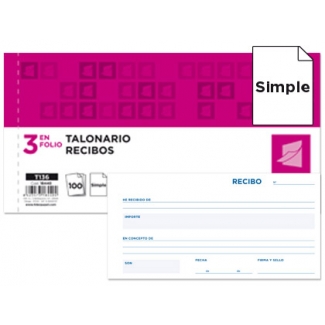 Liderpapel T136 - Talonario recibos, tamaño 1/3 de folio, 100 hojas, simple