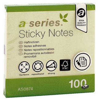 A-Series AS0874 - Bloc de notas adhesivas, 75 x 75 mm, color amarillo, bloc de 100 hojas