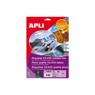 Apli 10603 - Etiquetas adhesivas, para CD, brillo, 117 mm de diámetro, caja de 10 hojas