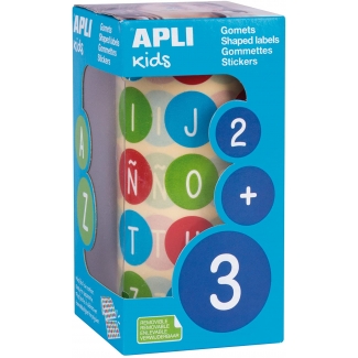 Apli 15126 - Gomets, abecedario, adhesivo removible, rollo de 900 gomets, colores surtidos