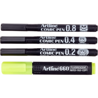 Artline Comic Pen EK-280/3W + 1 660 - Rotulador calibrado, pack de 3 (0,2, 0,4 y 0,8) + fluorescente, color negro