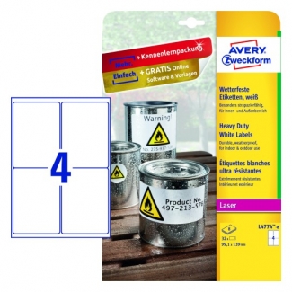 Avery L4774-8 - Etiquetas adhesivas de poliéster, color blanco, 99,1 x 139 mm, caja de 8 hojas