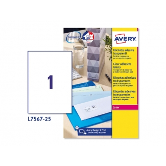 Avery L7567-25 - Etiquetas adhesivas, transparentes, 210 x 297 mm, caja de 25 hojas