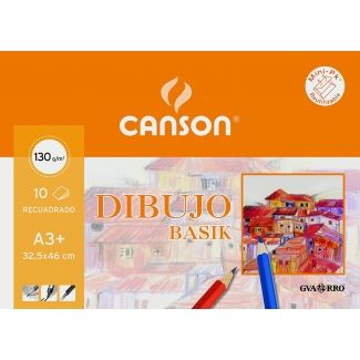 Canson Basik 200400798 - Láminas de dibujo, con recuadro, A3+, sobre de 10 hojas, 130 gramos