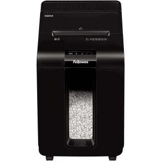 Fellowes Automax 100M - Destructora de papel, corte en partículas, destruye hasta 10 hojas, con autoalimentación, papelera de 23 litros