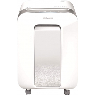 Fellowes LX201 - Destructora de papel, corte en partículas, destruye hasta 15 hojas, papelera de 23 litros, color blanco