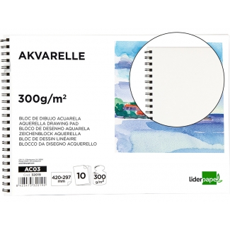 Liderpapel AC03 - Papel acuarela, sin recuadro, bloc con espiral, A3, 10 hojas, 300 gramos