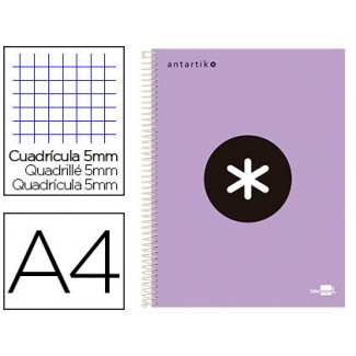 Liderpapel Antartik BA73 - Bloc espiral, tamaño A4, tapa forrada, 120 hojas de 100 gr, cuadrícula de 5 mm, sin margen, microperforado, 4 taladros, color lila