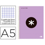 Liderpapel Antartik BA77 - Bloc espiral, tamaño A5, tapa forrada, 120 hojas de 90 gr, cuadrícula de 5 mm, sin margen, microperforado, 6 taladros, color lavanda