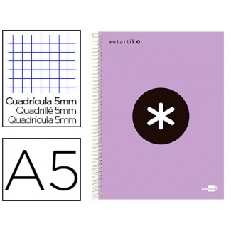 Liderpapel Antartik BA77 - Bloc espiral, tamaño A5, tapa forrada, 120 hojas de 90 gr, cuadrícula de 5 mm, sin margen, microperforado, 6 taladros, color lavanda