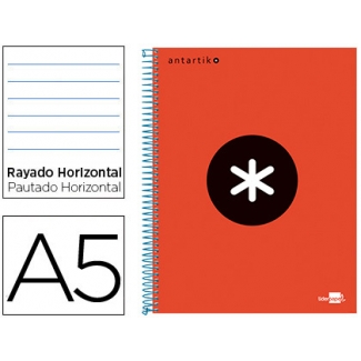 Liderpapel Antartik KD12 - Bloc espiral, tamaño A5, tapa forrada, 120 hojas de 90 gr, rayado horizontal, sin margen, microperforado, 6 taladros, color rojo