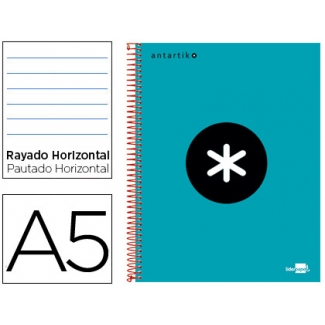 Liderpapel Antartik KD13 - Bloc espiral, tamaño A5, tapa forrada, 120 hojas de 100 gr, rayado horizontal, sin margen, microperforado, 6 taladros, color turquesa