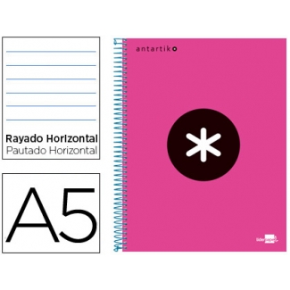 Liderpapel Antartik KD15 - Bloc espiral, tamaño A5, tapa forrada, 120 hojas de 90 gr, rayado horizontal, sin margen, microperforado, 6 taladros, color rosa fluorescente