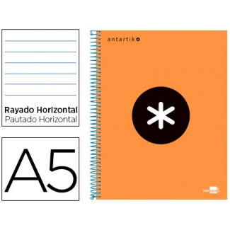 Liderpapel Antartik KD16 - Bloc espiral, tamaño A5, tapa forrada, 120 hojas de 100 gr, rayado horizontal, sin margen, microperforado, 6 taladros, color naranja fluorescente
