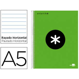 Liderpapel Antartik KD18 - Bloc espiral, tamaño A5, tapa forrada, 120 hojas de 100 gr, rayado horizontal, sin margen, microperforado, 6 taladros, color verde fluorescente