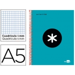 Liderpapel Antartik KD33 - Bloc espiral, tamaño A5, tapa forrada, 120 hojas de 100 gr, cuadrícula de 5 mm, sin margen, microperforado, 6 taladros, color turquesa