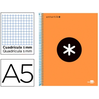 Liderpapel Antartik KD36 - Bloc espiral, tamaño A5, tapa forrada, 120 hojas de 100 gr, cuadrícula de 5 mm, sin margen, microperforado, 6 taladros, color naranja fluorescente