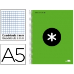 Liderpapel Antartik KD38 - Bloc espiral, tamaño A5, tapa forrada, 120 hojas de 100 gr, cuadrícula de 5 mm, sin margen, microperforado, 6 taladros, color verde fluorescente
