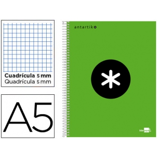 Liderpapel Antartik KD38 - Bloc espiral, tamaño A5, tapa forrada, 120 hojas de 100 gr, cuadrícula de 5 mm, sin margen, microperforado, 6 taladros, color verde fluorescente