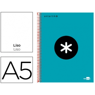 Liderpapel Antartik KD53 - Bloc espiral, tamaño A5, tapa forrada, 120 hojas de 100 gr, liso, sin margen, microperforado, 6 taladros, color turquesa