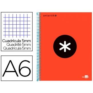 Liderpapel Antartik KD70 - Bloc espiral, tamaño A6, tapa forrada, 100 hojas de 100 gr, cuadrícula de 5 mm, sin margen, microperforado, color rojo
