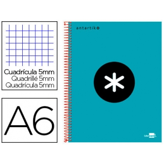 Liderpapel Antartik KD73 - Bloc espiral, tamaño A6, tapa forrada, 100 hojas de 100 gr, cuadrícula de 5 mm, sin margen, microperforado, color turquesa