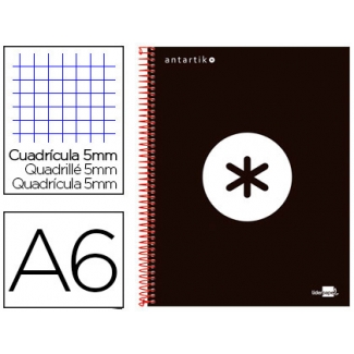 Liderpapel Antartik KD77 - Bloc espiral, tamaño A6, tapa forrada, 100 hojas de 100 gr, cuadrícula de 5 mm, sin margen, microperforado, color negro