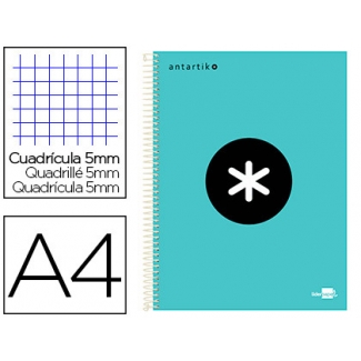 Liderpapel Antartik KD86 - Bloc espiral, tamaño A4, tapa forrada, 120 hojas de 90 gr, cuadrícula de 5 mm, sin margen, microperforado, 4 taladros, color menta