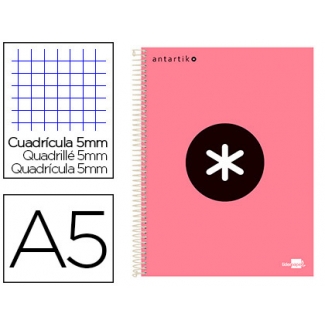 Liderpapel Antartik KD89 - Bloc espiral, tamaño A5, tapa forrada, 120 hojas de 90 gr, cuadrícula de 5 mm, sin margen, microperforado, 6 taladros, color coral