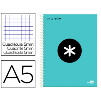 Liderpapel Antartik KD90 - Bloc espiral, tamaño A5, tapa forrada, 120 hojas de 90 gr, cuadrícula de 5 mm, sin margen, microperforado, 6 taladros, color menta
