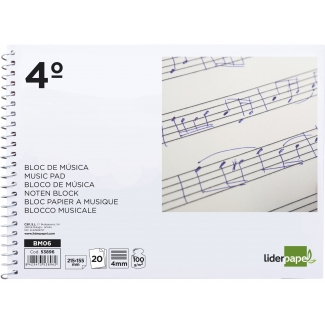 Liderpapel BM06 - Bloc de música, tamaño cuarto apaisado, 20 hojas de 100 gr, pentagrama de 4 mm de interlineado