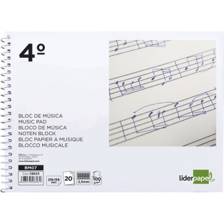 Liderpapel BM07 - Bloc de musica, tamaño cuarto apaisado, 20 hojas de 100 gr/m2, pentagrama pautado cuadriculoado de 2,5 mm