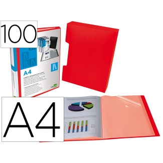 Liderpapel JC09 - Carpeta con fundas, portada y lomo personalizable, con cajetín, tapa flexible, A4, 100 fundas, color rojo translúcido