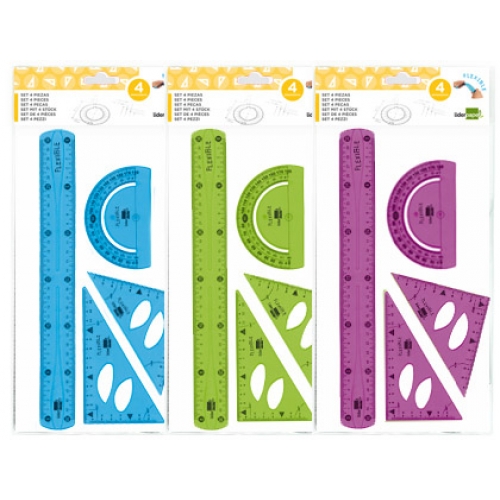 Liderpapel JG04 - Juegos de 4 piezas de plástico (regla, escuadra, cartabón y transportador de ángulos), colores surtidos - Distrimar.es