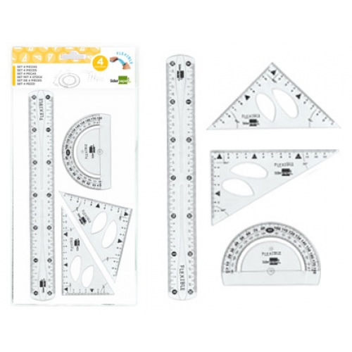 Liderpapel - Juegos de 4 piezas plástico flexible (regla, escuadra, cartabón y de ángulos), transparente - Distrimar.es