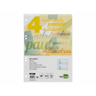 Liderpapel Pautaguía RC17 - Recambio para carpeta de anillas, tamaño cuarto, pauta de 4 mm, 100 hojas de 75 gr, 6 taladros, con margen
