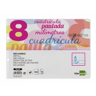 Liderpapel Pautaguía RC20 - Recambio para carpeta de anillas, tamaño cuarto apaisado, pauta de 8 mm, 100 hojas de 75 gr, 2 taladros, con margen