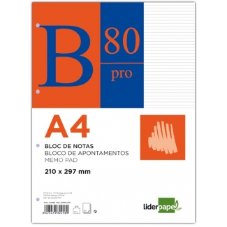 Liderpapel PR02 - Bloc de notas, A4, rayado horizontal, encolado, 4 taladros, 80 hojas de 60 gramos, con doble margen