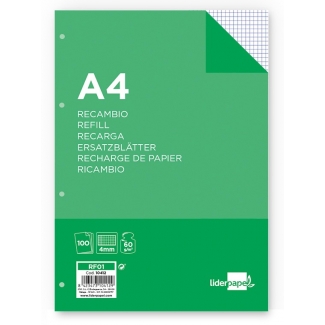 Liderpapel RF01 - Recambio para carpeta de anillas, tamaño folio, 100 hojas de 60 gr, 4 taladros, cuadrícula de 4 mm, con margen