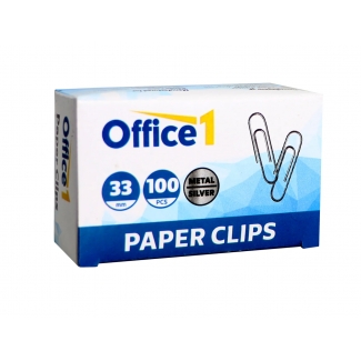 Office 1 1090100020 - Clips metálicos, niquelados, nº 2 de 33 mm, caja de 100