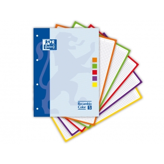 Oxford 400045041 - Recambio para carpeta de anillas, tamaño A4, 80 hojas de 90 gr, 4 taladros, cuadrícula de 5 mm, con bandas de 5 colores