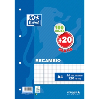 Oxford 400058179 - Recambio para carpeta de anillas, tamaño A4, 100 hojas + 20 gratis de 90 gr, 4 taladros, cuadrícula de 4 mm