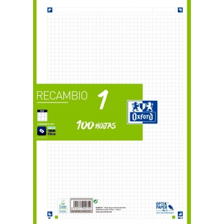 Oxford 400106622 - Recambio para carpeta de anillas, tamaño A4, 100 hojas de 90 gr, 4 taladros, cuadrícula de 5 mm, verde