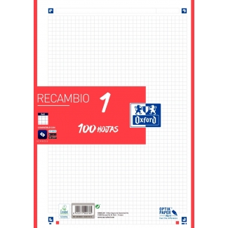 Oxford 400106623 - Recambio para carpeta de anillas, tamaño A4, 100 hojas de 90 gr, 4 taladros, cuadrícula de 5 mm, rojo