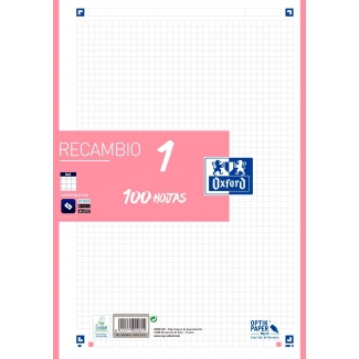 Oxford 400106624 - Recambio para carpeta de anillas, tamaño A4, 100 hojas de 90 gr, 4 taladros, cuadrícula de 5 mm, rosa