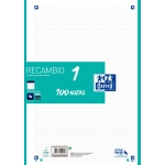 Oxford 400106625 - Recambio para carpeta de anillas, tamaño A4, 100 hojas de 90 gr, 4 taladros, cuadrícula de 5 mm, verde menta