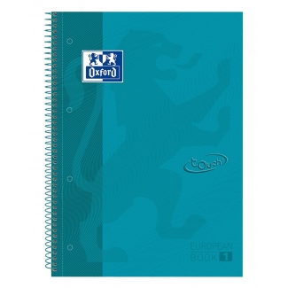 Oxford European Book 1 Touch - Bloc espiral, tamaño A4+, tapa dura, 80 hojas de 90 gr, cuadrícula de 5 mm, sin margen, microperforado, 4 taladros, color aqua intenso